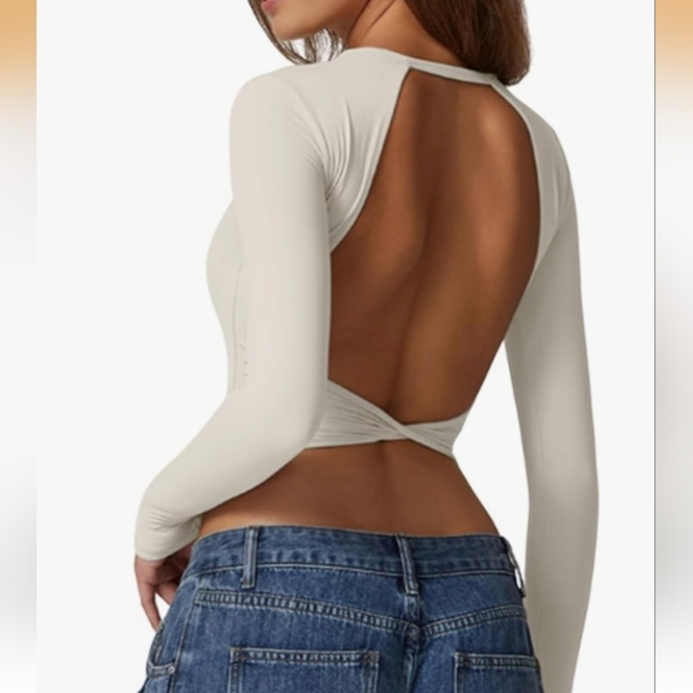 Cream‎ Long Sleeve Backless Sexy Crop Top Sz S